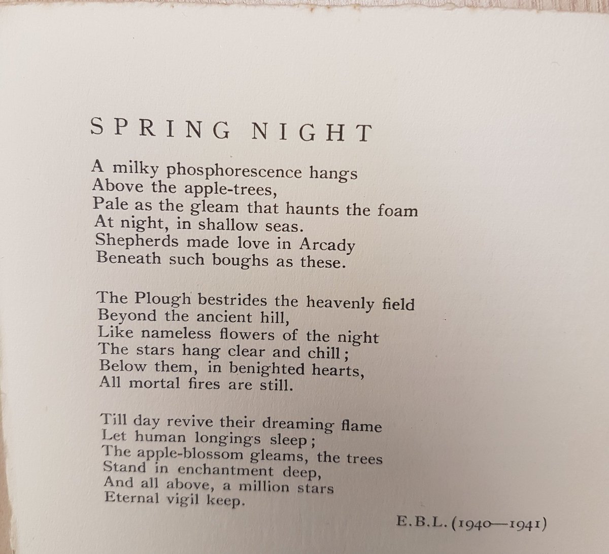 drmikefraser's tweet image. Spring Night

a poem (by E. B. L) from An Anthology of Verse from Lady Margaret Hall, collected &amp;amp; published by @lmhoxford undergraduates in 1942. 
#WorldPoetryDay #SecondDayofSpring