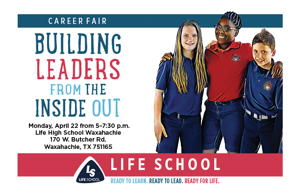 lifeschools's tweet photo. Interested in working for Life School? Come join us for our annual Educational Excellence for LIFE Career Fair on April 22nd at Life High School Waxahachie! We'd love to meet you! https://t.co/oIpxMJ31v8