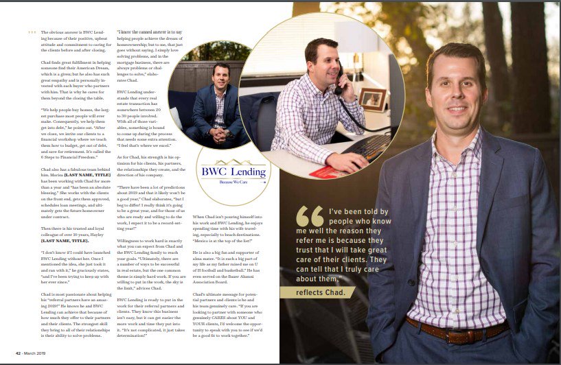 taywaidhofer's tweet image. "#Congratulations to this month's Sponsor Spotlight - Chad Helcamp of BWC Lending, LLC, 
Check out his feature in the March Issue of #HoustonRealProducers! 

"I’ve been told by people who know me well the reason they refer me is because they trust that I will take great care of."