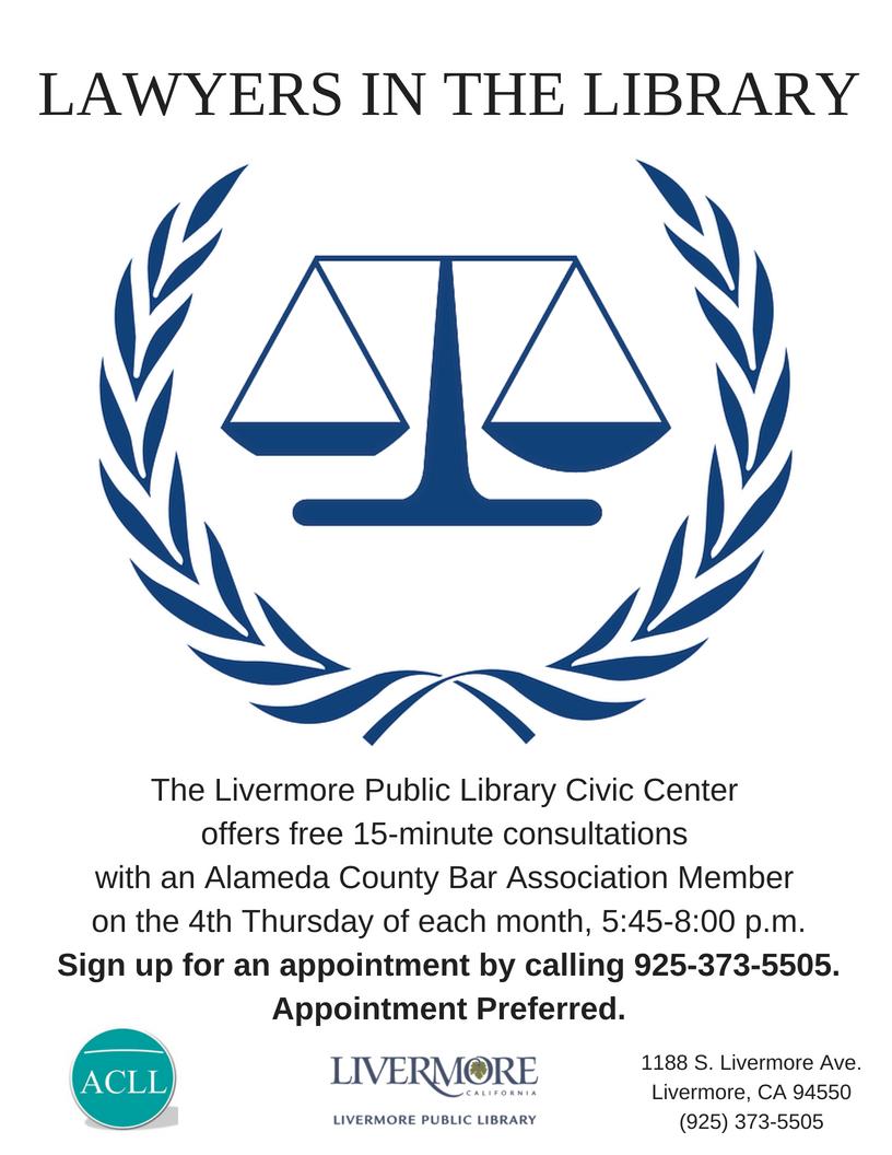 LivLibrary's tweet photo. Do you have a legal question? Schedule a 15-minute, one-on-one consultation with a lawyer during our #LawyersintheLibrary program next Thursday evening, 3/28. Call 925-373-5505 to reserve your spot. https://t.co/xHZUIzJj3q
