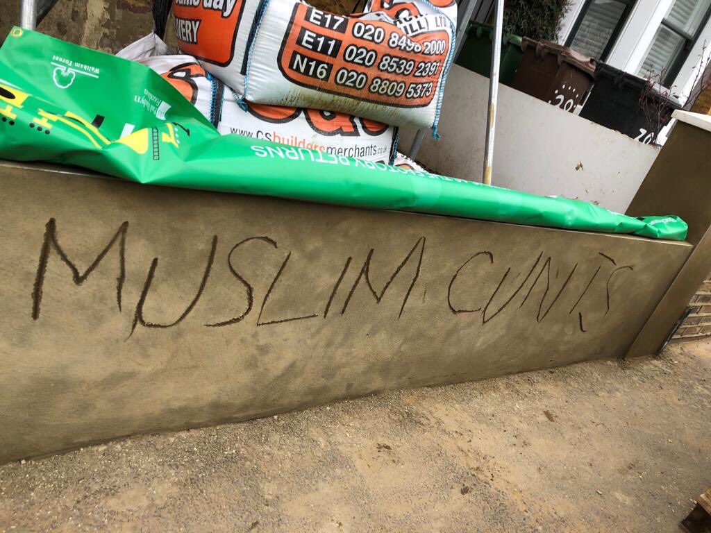 CorbynistaTeen's tweet photo. Someone wrote “Muslim cunts” on the front of a house in Walthamstow today. Last night, 5 mosques in Birmingham were vandalised with sledgehammers. Our fears are real and valid. Please listen to us before lives are lost. https://t.co/bZTYsv1N1N