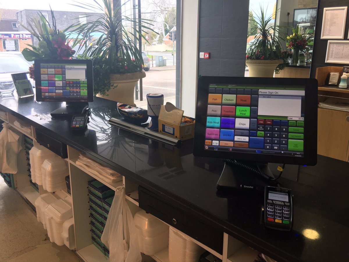 PBA_service's tweet photo. Installed today at Ruddys Fish And Chip Shop, Hucclecote, Gloucester. 2x15inch touch screens tills with intergrated pdq terminals running Pba Sensepos software #chipshoptills #eposgloucestershire #tillsgloucestershire https://t.co/WvirEyYvRq