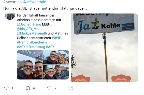 Ingwerknolle1's tweet photo. @tinta____d @igbce Ob wir diese Frage jemals ehrlich beantwortet bekommen? Reichlich viel #AFD Plakate auf @igbce und #RWE Demos wahrnehmbar. Und in den #ProRWE Foren hetzen #AFD + RWE-Mitarbeiter gemeinsam gegen #Hambibleibt +#FridaysForFuture. Echte Distanzierung von Hass&amp;Gewalt sieht anders aus. https://t.co/j9bRC3ZU0d