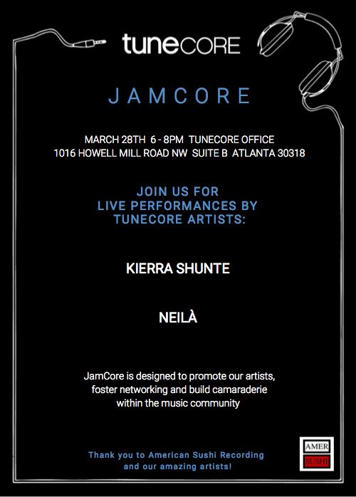 TuneCore's tweet photo. Calling all #Atlanta artists! Join @jrienecker and other #TuneCore artists for our first #JamCore of 2019. Make sure to RSVP here: https://t.co/yHGm5Titkd https://t.co/4LdyRBXPCv