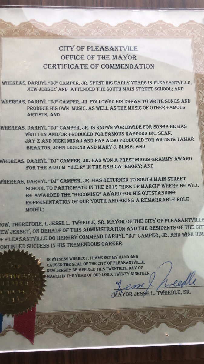 Caammper's tweet photo. Thank you Mayor Tweedle and the City Of Pleasantville. You’ve Just added Fuel to my Flame that’s already LIT. For you, Jersey https://t.co/B1Kp3EYuqj