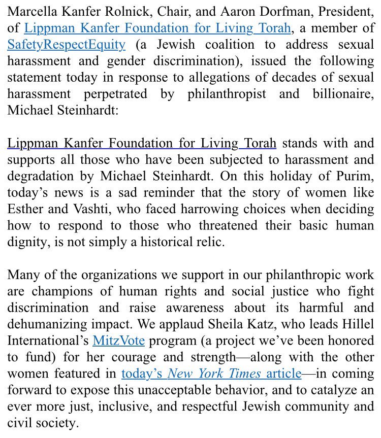 Lippman Kanfer Fdn (@lippmankanfer) on Twitter photo Statement on Michael Steinhardt
lkflt.files.wordpress.com/2019/03/statem… Statement on Michael Steinhardt
lkflt.files.wordpress.com/2019/03/statem…