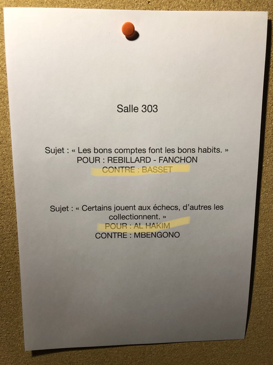 adelyon3's tweet photo. Voici les sujets qui ont été plaidé ce soir ⤵️ . Les vainqueurs de ces plaidoiries sont surlignés en jaune, bravo à eux !

Demain se tiendra la dernière soirée de présélection qui se clôturera autour d’un verre à l’UpperSide🍷#concours #vieetudiante #ADELY2019 #Lyon #association https://t.co/8fcuFsFRow