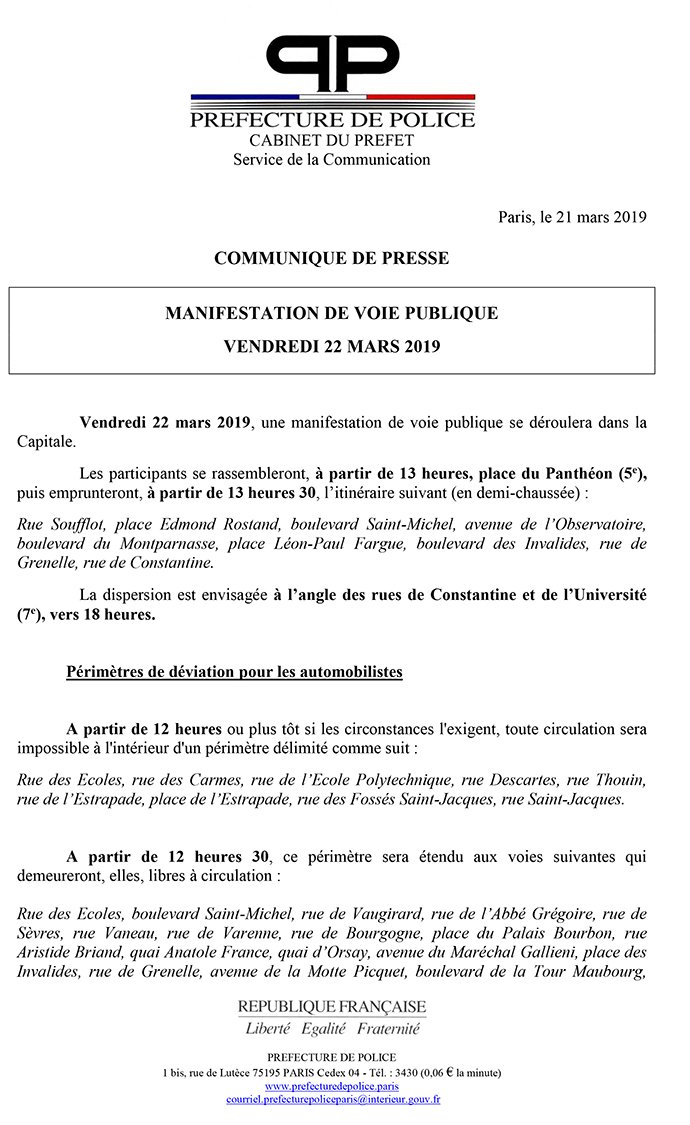 prefpolice's tweet photo. #Circulation | Demain, vendredi 22 mars, une manifestation de voie publique se tiendra dans la Capitale. Les participants se rassembleront dès 13h et défileront de place du Panthéon (5e arr.) à l’angle des rues de Constantine et de l’Université (7e arr.) : https://t.co/o5klH1tgwc https://t.co/AG22VZUJEj