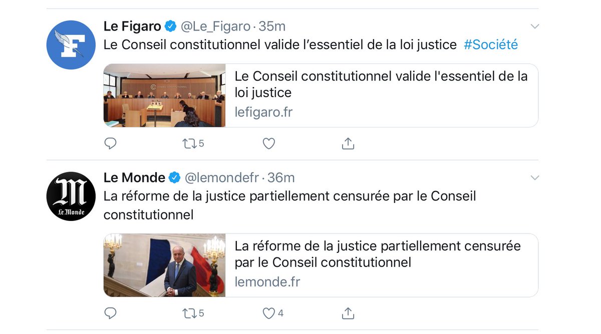 FandeTessa's tweet image. 1 loi, 2 journaux, 2 titres différents : l’un considère que le CC a validé l’essentiel de la loi justice, l’autre qu’elle a été partiellement censurée... selon que votre cœur penche d’un côté ou de l’autre, vous y trouverez de quoi vous conforter dans vos idées #lecturecritique