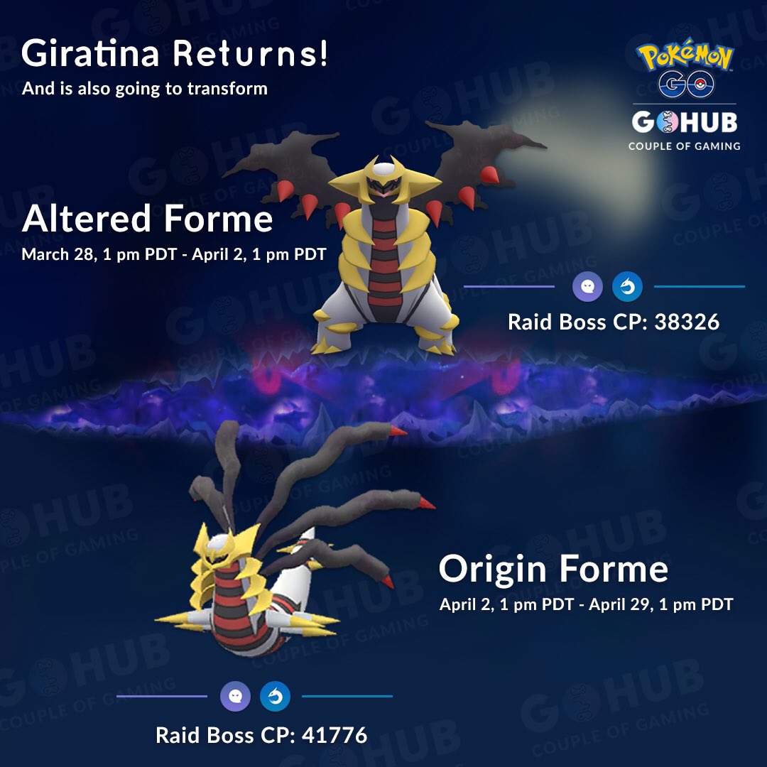 coupleofgaming's tweet photo. #Giratina is going to make a return to raid battles in its #AlteredForme starting March 28th and after that on April 2nd it will transform into the #OriginForme 👻🐉
Are you excited for the new #OriginFormeGiratina ? 👀
#PokemonGO https://t.co/U4u7vkXGCC
