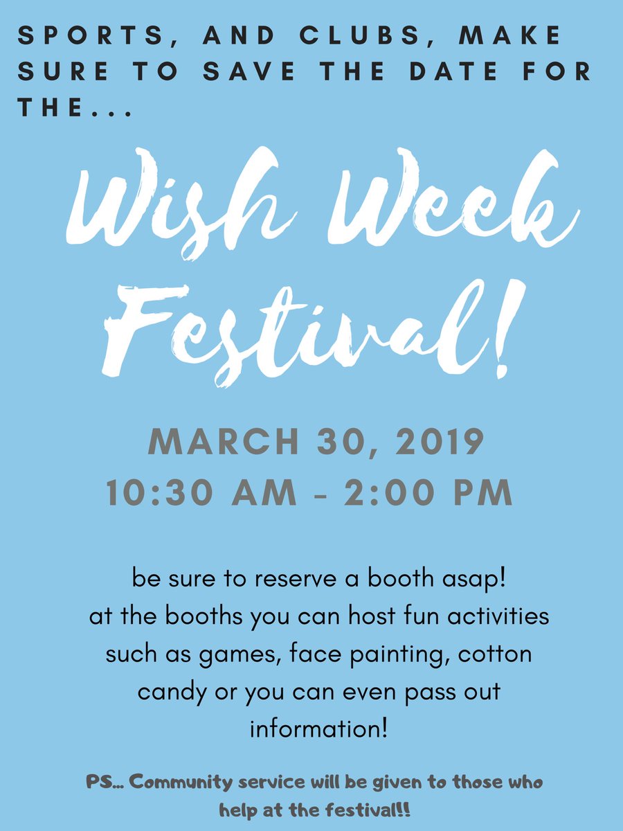 ChapHappenings's tweet photo. Have a club or sport that wants to participate in our annual Wish Week Festival?? Dm this account or email Mikayla Pearce @pearcemg@s.dcsdk12.org #initforwho https://t.co/w6d2j5wMp4