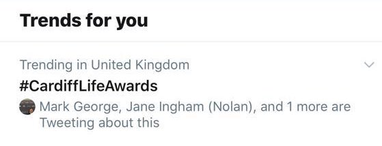CardiffLifeAwds's tweet photo. We’re trending number 1 in the UK!!! Well done you wonderful lot! 🤩🤩🤩#CardiffLifeAwards https://t.co/fxsaiUqV1n