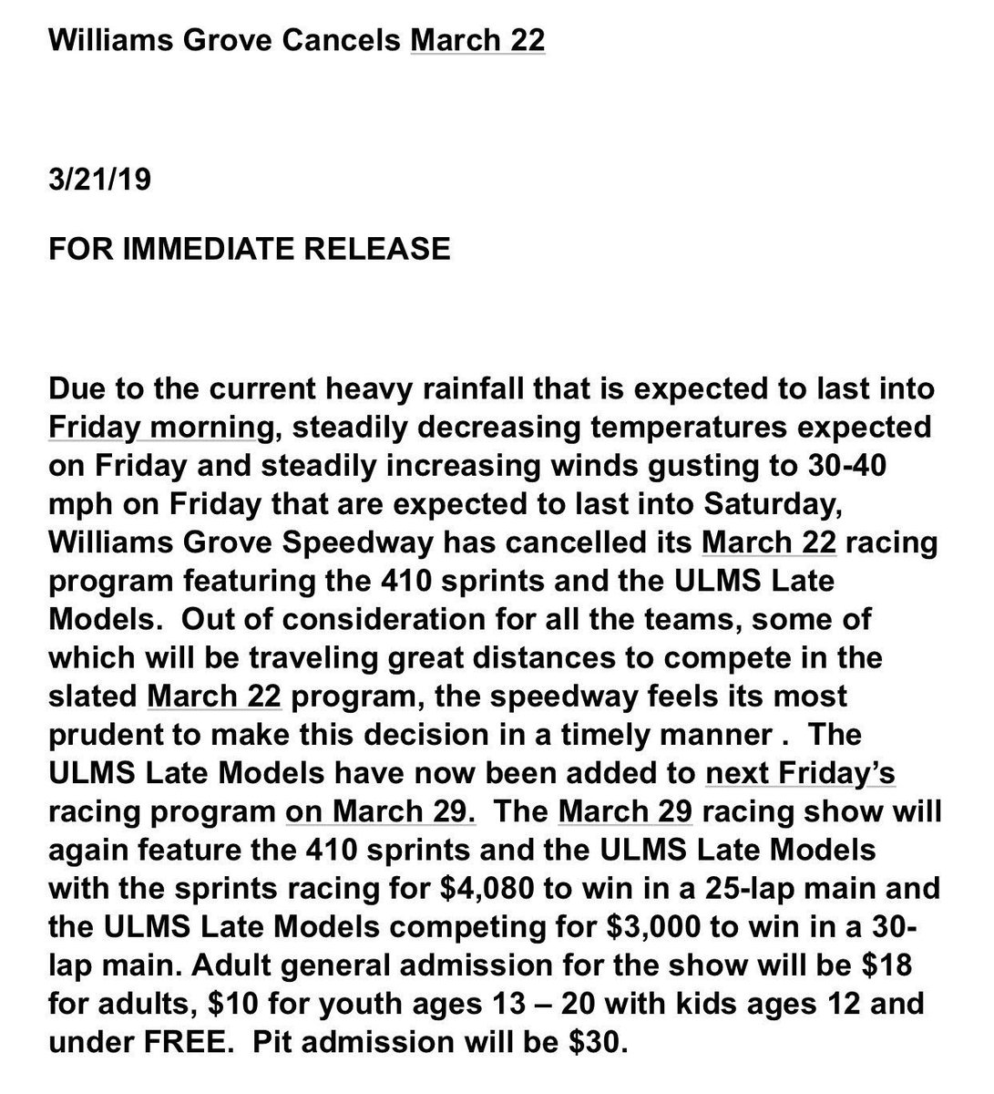 We have decided to cancel racing for Friday (3/22/19) due to the rainfall, cold temps &amp; high winds.