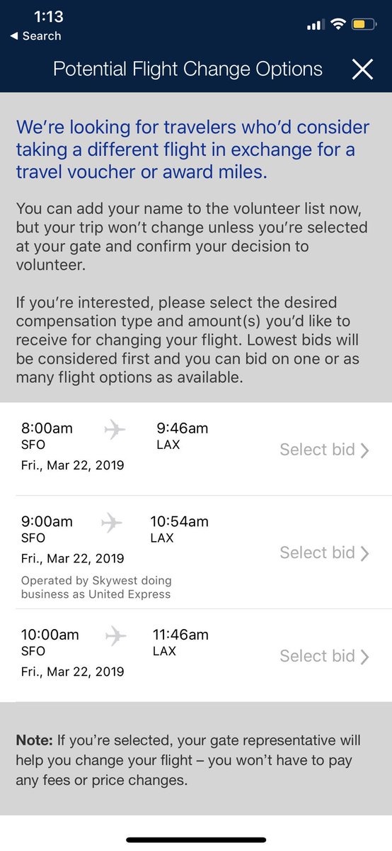 I hadn’t seen this before - @united flight is oversold, so they ask passengers in the app to *bid* for compensation amounts to change flight. 🤔