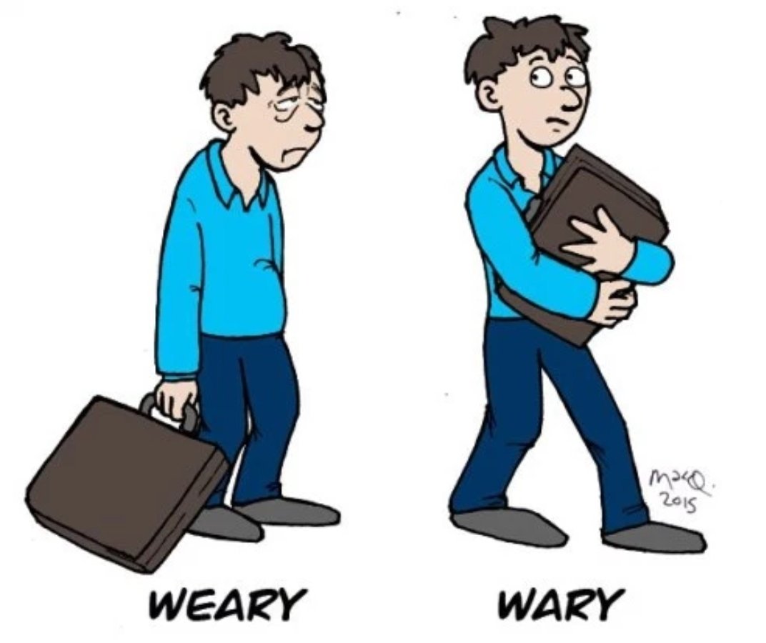 EOI Teacher on Twitter: &quot;✓Wary or Weary? 1. Wary /ˈweəri/ 》Cautious;  careful about someone or something which you think may cause a problem.  ▪︎He is wary of strangers. 2. Weary /ˈwɪəri/ 》Very