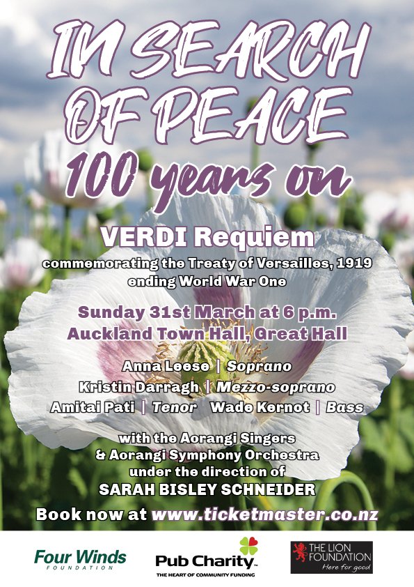 AJ_Hutchings's tweet photo. Verdi's magnificent Requiem will be performed in the #Auckland Town Hall on Sunday 31 March 2019 at 6.00pm. @aucklandlive. https://t.co/XUhpAri0zD  Concert In Search of #Peace with additional dedication to victims of #ChristchurchAttack #Christchurch #createaroha https://t.co/YKZ5sgB7bZ