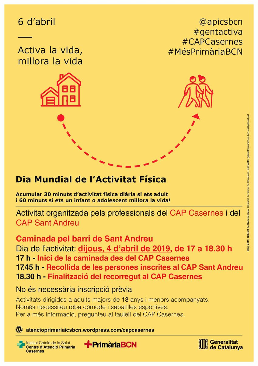 Amb motiu del Día Mundial de l'Activitat Física, el #CAPCasernes i el #CAPSantAndreu organitzen una caminada al barri de  Sant Andreu el día 4 d'abril. #gentactiva #MesPrimariaBCN @apicsbcn