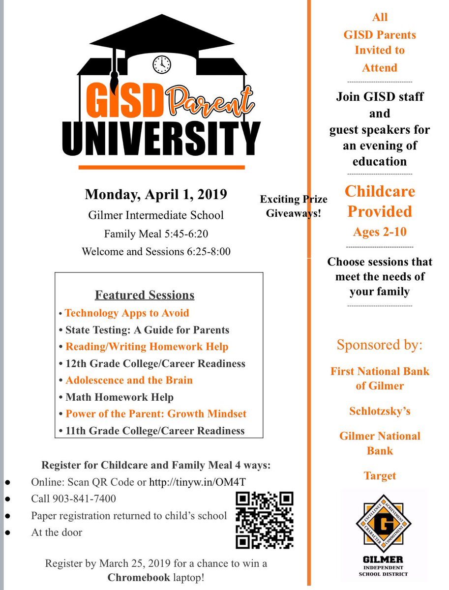 GilmerISDProud's tweet photo. Pass the word about our Parent University to be held on April 1st.
#parentslearning https://t.co/zJShnhDvqL