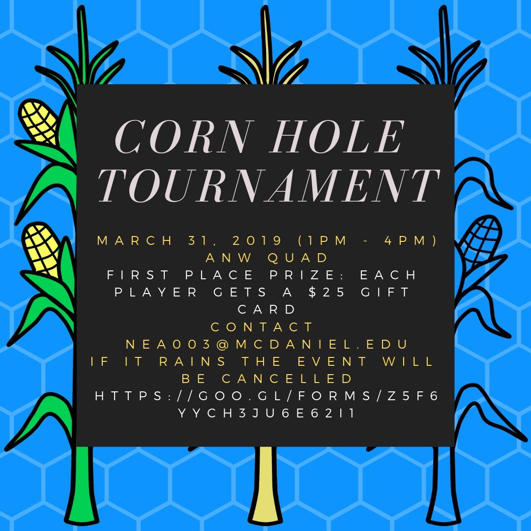 mcdaniel_sac's tweet photo. We are enjoying Spring Break, but we are also excited for Student Alumni Council's first ever Corn Hole Tournament! It will be held March 31st from 1-4 PM in ANW Quad. Teams of 2 can sign up using the link in our bio. The first place team will each get a $25 gift card! https://t.co/W8Qvh6YsEk