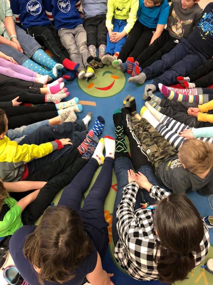 CameronStPS's tweet photo. Ms. Nicholls and the Grade 2s rocked their socks today! #camspirit #camcares #DownSyndromeAwareness #colourfulThursday @SCDSB_Schools https://t.co/V7Ja1Omoiq