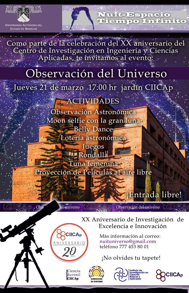 Hoy es el día en que en las instalaciones del @CIICApUAEM, se llevará a cabo la actividad de Observación Astronómica. 🌟🌟🔭 Si aún no te decides a ir, a continuación te compartimos el programa de actividades. ¡#FelizJueves y allá nos vemos!