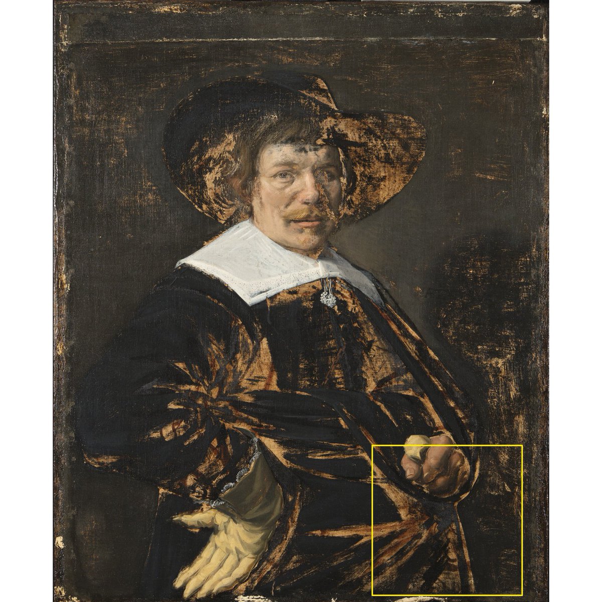 DIADetroit's tweet photo. Jan Hals, like his father Frans, used brown paint to sketch the composition of “Portrait of a Man” on the canvas. This “under-painting” is not usually visible but you can see it in exposed, damaged areas. Hals changed the position of the hand! #BringBackJanHals #artconservation https://t.co/7ex9TruHyP