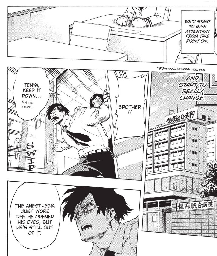 HeroNotesPod's tweet image. As distressing as this scene is, Tenya’s mother slipping on a banana peel right as she enters Tensei’s room kinda distracted me from all the tension 

#MyHeroAcademia #Chapter44