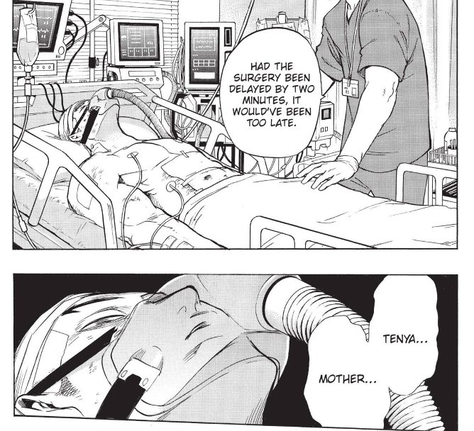 HeroNotesPod's tweet image. As distressing as this scene is, Tenya’s mother slipping on a banana peel right as she enters Tensei’s room kinda distracted me from all the tension 

#MyHeroAcademia #Chapter44