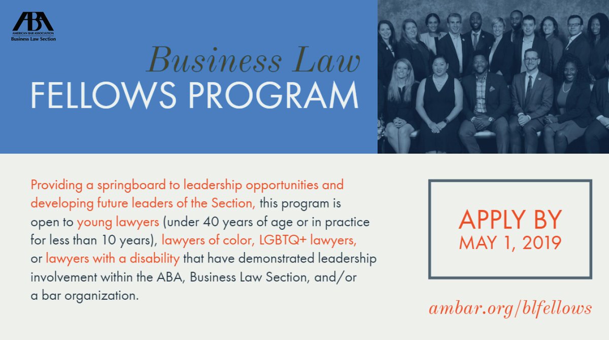 ABADiversity's tweet photo. Apply by May 1 for the @ABABusLaw Fellows Program-for diverse lawyers to get involved in and provide a springboard to Section leadership roles!  More at: https://t.co/EuMEcbkrUb and https://t.co/61SjnMTmQX @ABAEsq @HNBANews @NAPABA @nationalbar @NationalNABA https://t.co/ZW73rnZmAj