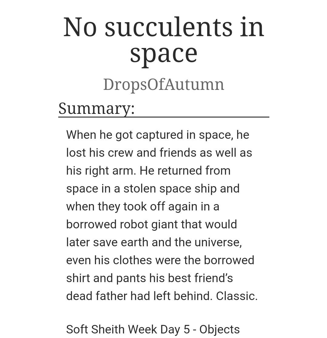 DropsofAutumn's tweet photo. No succulents in space
@softsheithweek day5 - Objects

Drabble | Sad but happy Ending | 680 words 
https://t.co/OVVmfelfkO
#sheith #softsheithweek #vld https://t.co/U12jBrgvvS