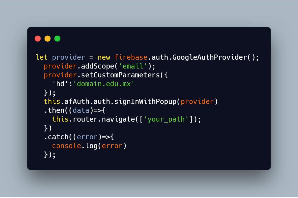 lemmusm's tweet image. #AngularTip #AngularFire #Firebase When use google authentication firebase with angular you can set 'setCustomParameters' to filter login with host domain.