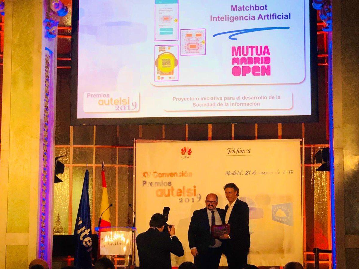 MutuaMadridOpen's tweet image. ¡Nuestro #MatchBot acaba de ser premiado 🏆 por @Autelsi al mejor proyecto para el desarrollo de la sociedad de la información! #PremiosAutelsi2019