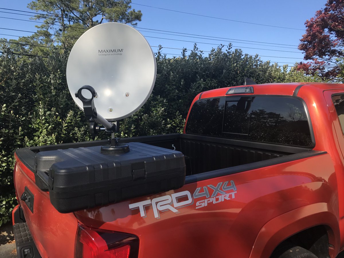 KE4ALabama's tweet photo. My 35cm Camping Dish for #QO100 rover package arrived from Staffordshire, England. Here it is with the case, perched atop the #TRDrover. Now, I need to find someplace that has LNBs in stock and willing to ship to U.S. #AMSAT https://t.co/iYaQDDjFSy