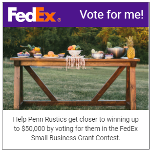 PennRusticsLLC's tweet photo. @PennRusticsLLC has entered the @FedEx Small Business Grant Contest for 2019. Please check out our entry page and take a few minutes to read our story and help vote for our business! https://t.co/okidyzcBM0 https://t.co/e8diuNsbV1