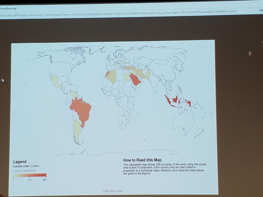 throughthe_veil's tweet image. .@NotMyles: Chloropleth map shows number of website defacements by country. #MSUglobalDH
