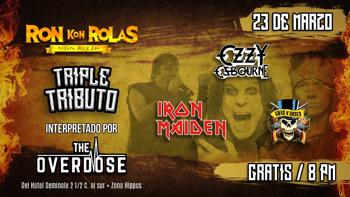 🔥CARTELERA ROCKERA🔥

- Jueves: Tributo a Bunbury y Héroes del Silencio interpretado por Polux

-Viernes: Tributo a "The Beatles" interpretado por La Calle s.a.

-Sábado: #TripleTributo Iron Maiden, Ozzy Osbourne y Guns n' Roses interpretado por The Overdose