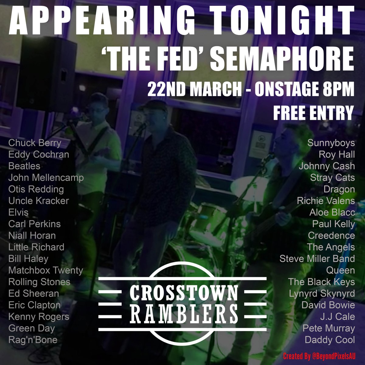 CTRamblers's tweet photo. Crosstown Ramblers TONIGHT at Fed on Semaphore 🤘
Onstage 8PM - 12AM - Free Entry 🎶🎶
Playing music from the 50's,60's, 80's to current https://t.co/625WEnckJY