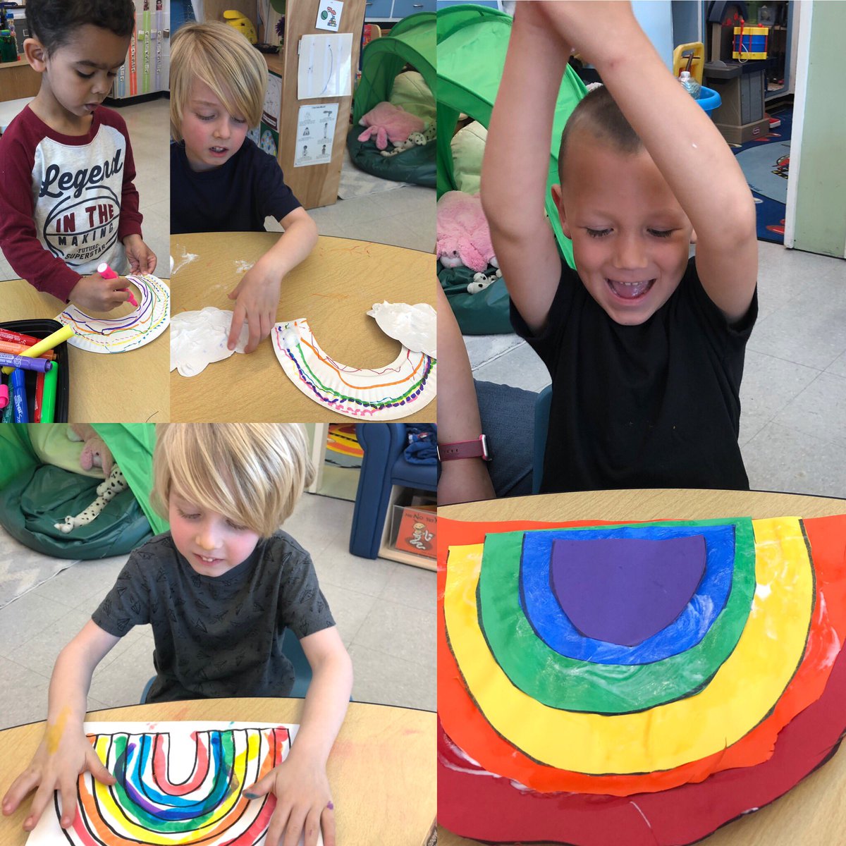 SPED_PREK_ROCKS's tweet photo. We LOVE #rainbows! This week, we created rainbows with different mediums: we painted rainbows with do-a-dot pens, we cut and assembled shape rainbows, and used markers to draw rainbows! #colors #finemotorskills #art #creativerepresentation @MtDiabloUSD @ShadelandsPreK https://t.co/Hnhuq0Il0s