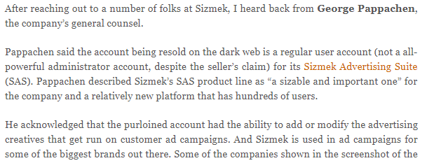 SimonJHarris's tweet photo. Holy 💩 Russian hackers have been selling access to @Sizmek's creative platform on the dark web

Bids started at $800 for the ability to add/modify the creative that run &amp; do things like add in malware 😱 or they could hijack referral commissions💰👉🏻 https://t.co/wbMG1VAQ61 … … https://t.co/E2OoMkwES8