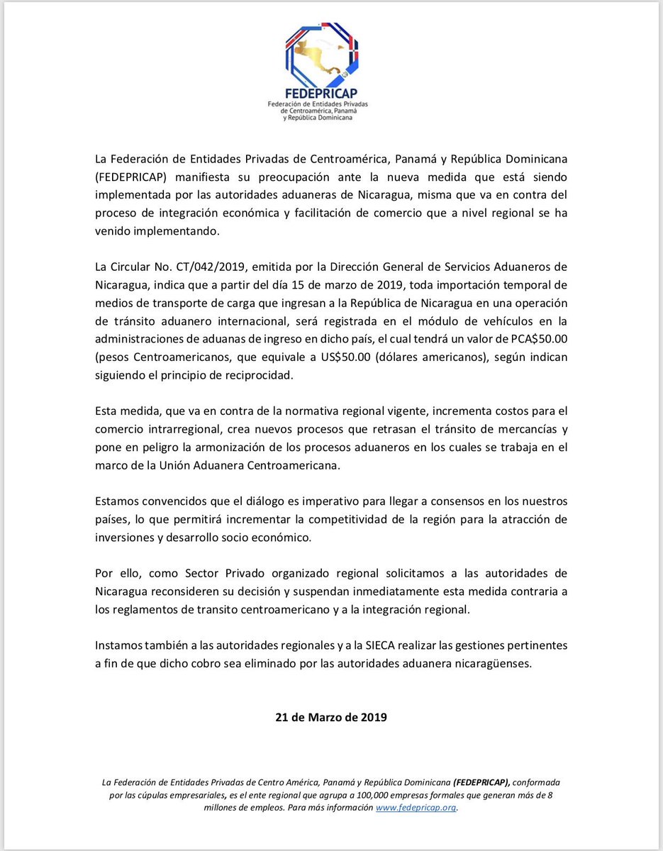 COHEPHonduras's tweet photo. #COMUNICADO #FEDEPRICAP ante la nueva medida implementada por las autoridades de #Nicaragua que va contra el proceso de integración económica y facilitación de comercio que se ha implementado recientemente. #CACIF #COHEP #ANEP #COSEP #UCCAEP #CONEP 
#EmpresariosSomosTodos https://t.co/GHUX4iel0p