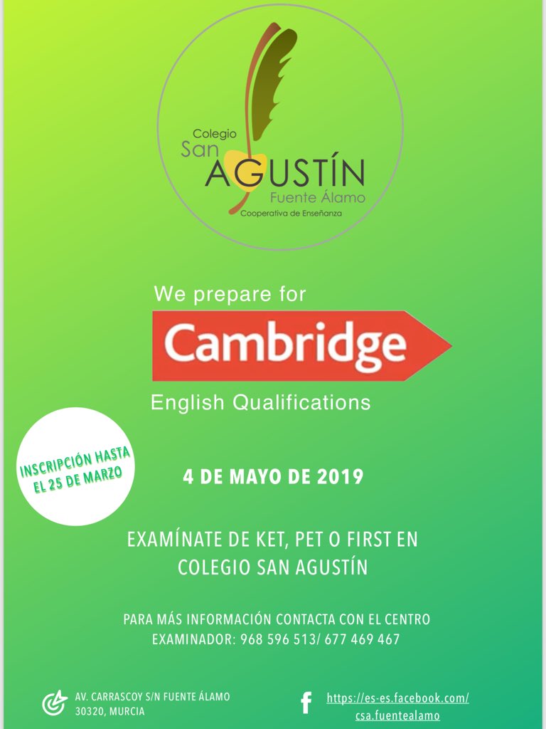 CSAcooperativa's tweet photo. ¿Sabías que en Colegio San Agustín somos centro examinador de Cambridge? 
¡Matricúlate antes del lunes 25 y consigue tu titulación Cambridge! https://t.co/1aBf4qBFkv
