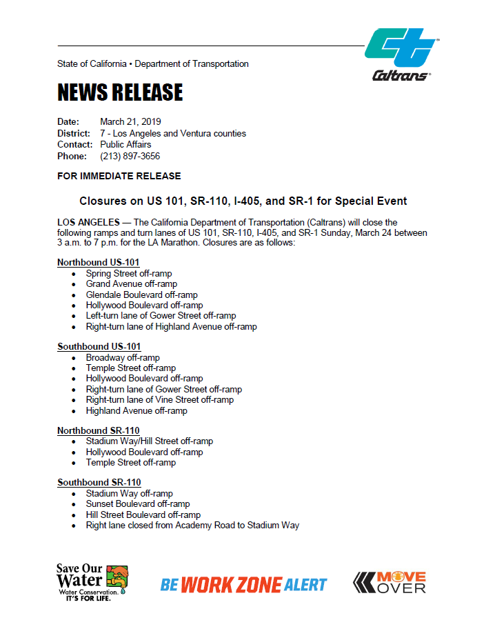 CaltransDist7's tweet photo. #LosAngeles ICYMI: Multiple ramp and lane closures on #US101 #SR110 #I405 #SR1 are scheduled on Sunday, March 24 between 3 a.m. to 7 p.m. for the #LAMarathon event. Caltrans has issued a permit for these closures. Plan ahead and avoid the area. See below for details. https://t.co/MkAWm2rpPw