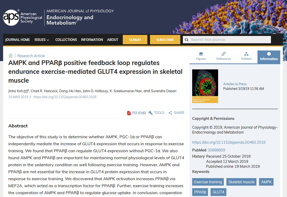 AMPK and PPARβ induced by endurance exercise training regulate GLUT4; NEW #ArticlesinPresS by researchers  @BYU @WUSTLmed @MayoClinic and others; For details, click here: ow.ly/DOWc30o8QFm #exercisetraining #skeletalmuscle #AMPK #PPARβ #GLUT4