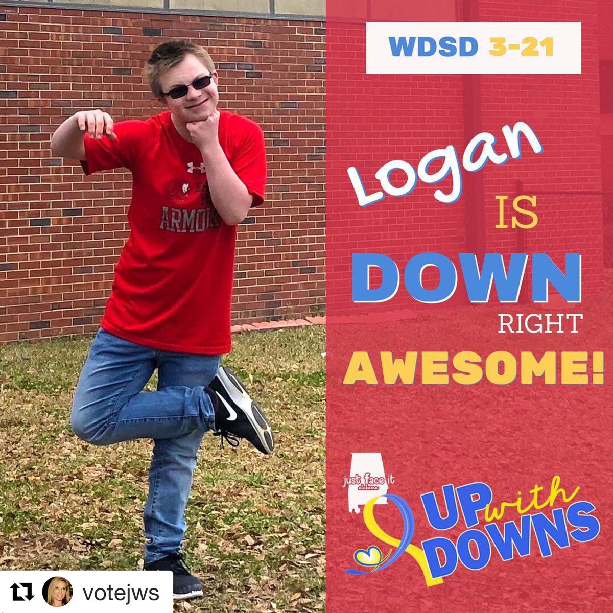 VoteJWS's tweet photo. Thankful to be #livingthedreaminjasper today with this guy, ❤️ every chromosome! Happy #downsyndrome Day to ALL my @dreamjasperal ROCKSTARS! 💙💛 #upwithdowns https://t.co/40Yj2IXI75