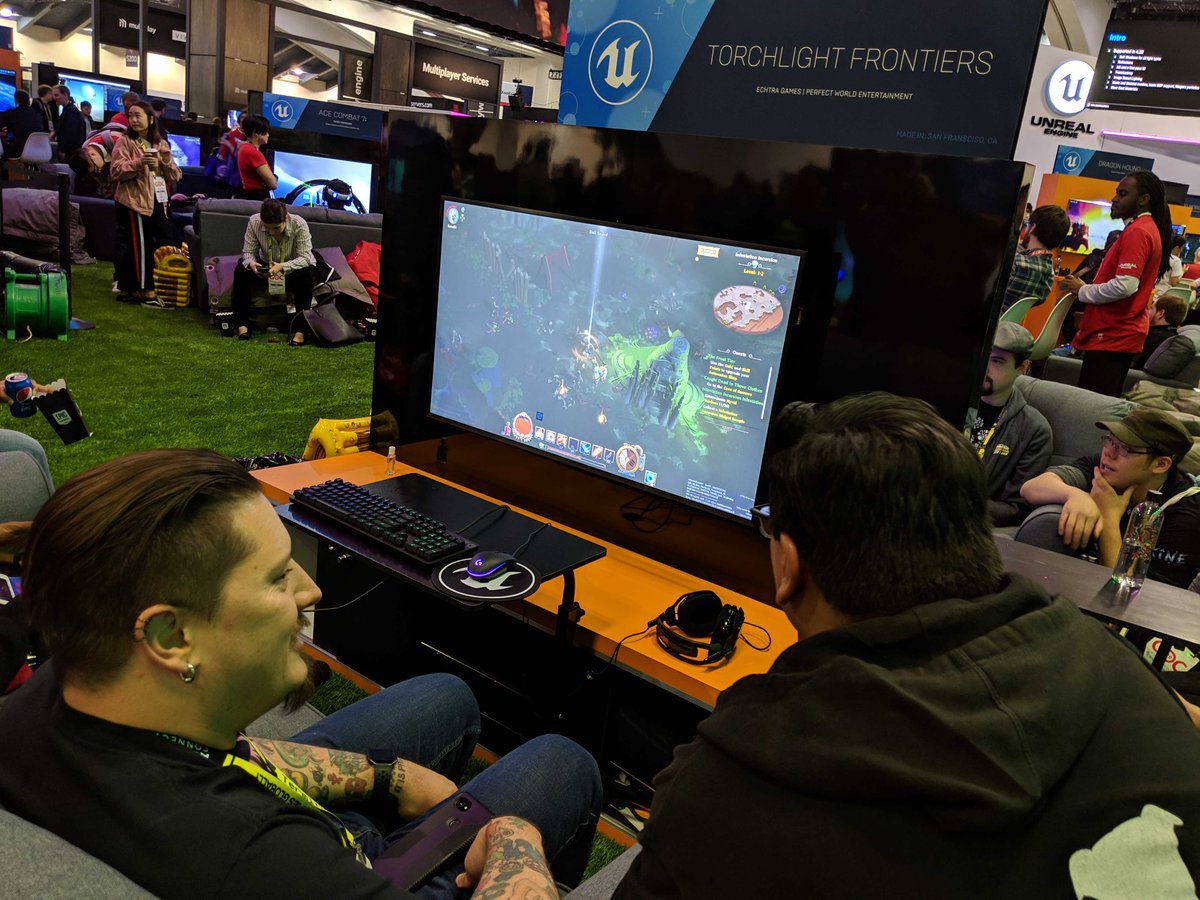 PlayTorchlight's tweet photo. We'll scoot over, there's room on the couch for you too. Play Torchlight Frontiers during #GDC2019 at the Unreal Engine booth in the South Hall! https://t.co/fbHYU4UHg3