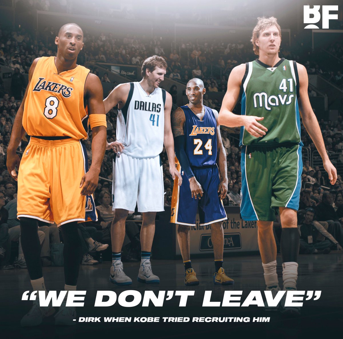 "I said 'Dirk, listen, I know you're not leaving Dallas, I get it, but I gotta make the call, what do you think?' He says 'Yeah man you're right, bro, I'm a lifer like you man, we don't leave."
- Kobe Bryant on when he tried recruiting Dirk Nowitzki during free agency