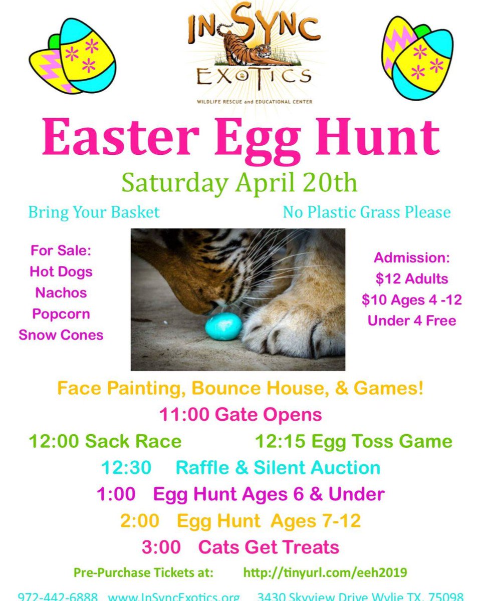 Insync_Exotics's tweet photo. Our Easter Egg Hunt is only a month away! This is our biggest event of the year, and a on of fun! We'll have games, prizes, a bounce house, face painters, and Easter Egg Hunts in tiger playgrounds (sans tigers, of course)! Get your tickets now at https://t.co/VlOr51xI8c. https://t.co/OglvCyxIZk