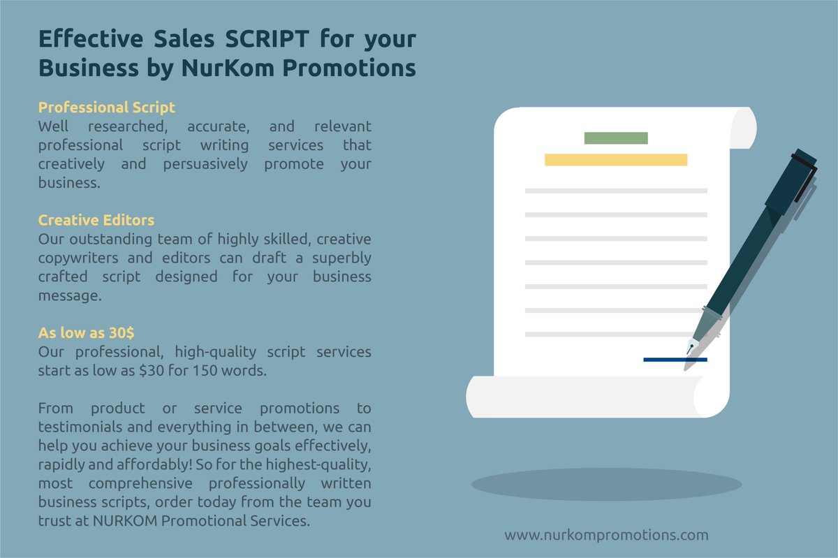 NurKomPromotion's tweet photo. Effective Sales #SCRIPT for your Business by #NurKomPromotions (30$)

If you are looking for well #researched, #accurate, and #relevant professional #scriptwriting services that will creatively and persuasively promote your #business, #product or #service 
https://t.co/bia5RgMxZb https://t.co/Zp1Z2DwPe3