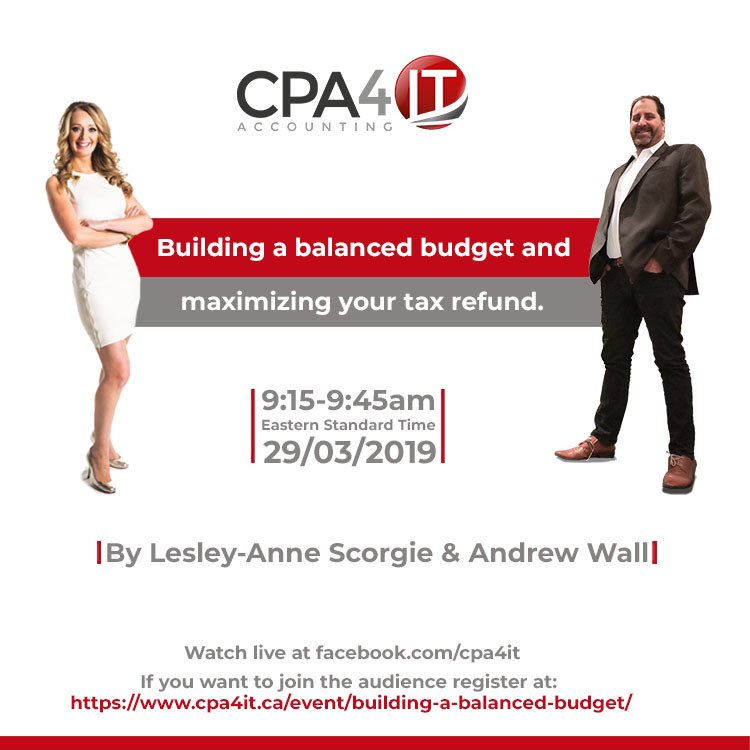 Do you want to Build a Balanced Budget and Maximize Your Tax Refund? 

<a href="/Lesleyscorgie/">Lesley-Anne Scorgie</a> &amp; I will be Live on March 29 From 9:15-9:45 am EST on the <a href="/cpa4it_ca/">CPA4IT</a> facebook page. 

Register Now @
cpa4it.ca/event/building…