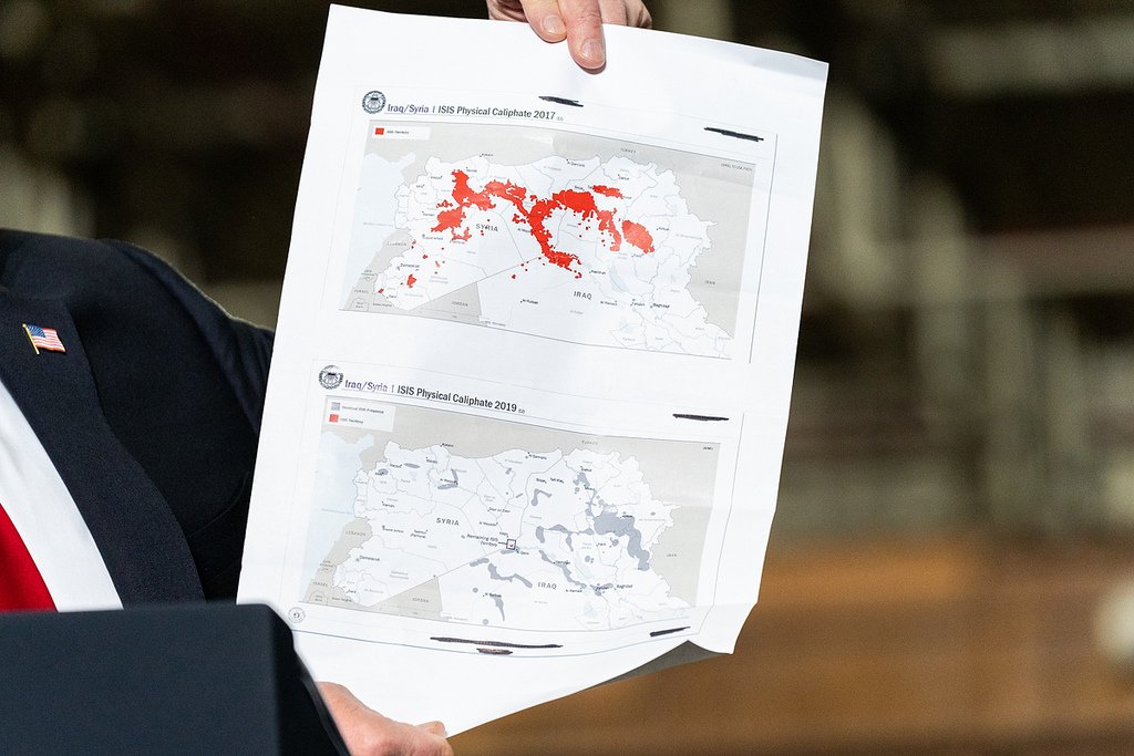 WhiteHouse45's tweet photo. Just over two years ago, ISIS was considered one of the gravest threats to the future of the Middle East—and to the peace and security of the free world.

Now, the self-declared caliphate has been obliterated off the map. Literally.

1600 Daily: https://t.co/A68ueVC88u https://t.co/ip3xwESWKi